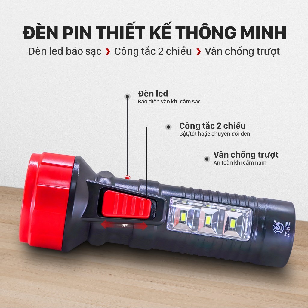 Đèn pin cầm tay, đèn chiếu xa Mỹ Linh, đèn pin sạc điện RF26B tích hợp chân sạc,tiết kiệm năng lượng