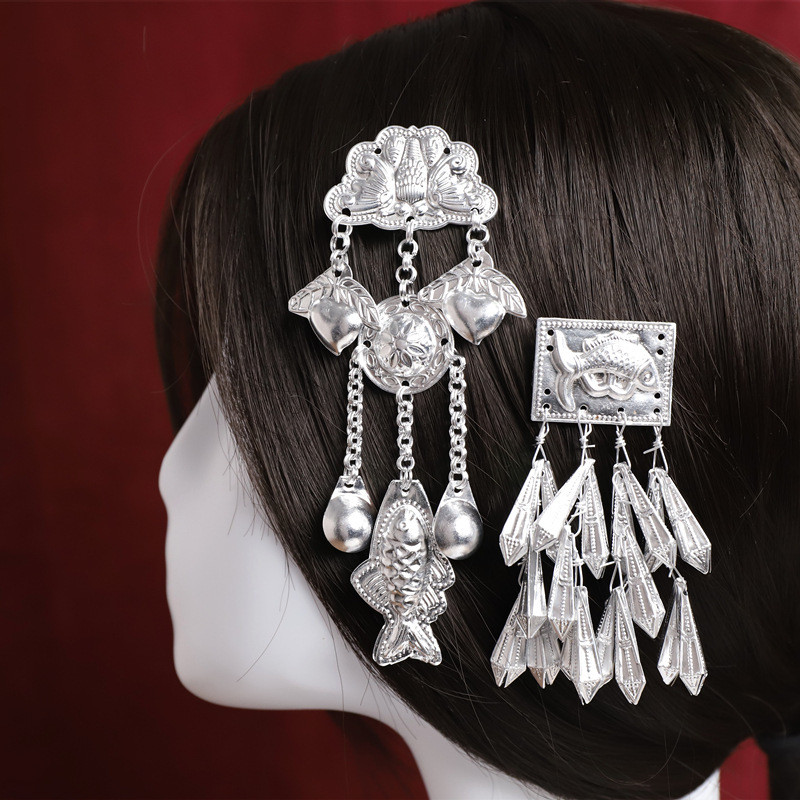 ✨Miaojiang Phong Cách Dân Tộc Mũ Kẹp Tóc Retro Miao Bạc Tua Rua Bước Lắc Hanfu Phong Cách Cổ xưa Warring Quốc Áo choàng Bên Kẹp