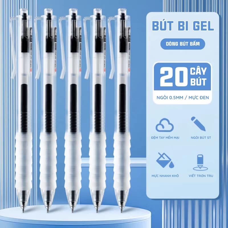 Bút bi ngòi 0.5mm viết êm tay, mực nước, phù hợp học sinh - Set 10/20/30 bút đầy đủ 3 màu xanh, đen,đỏ