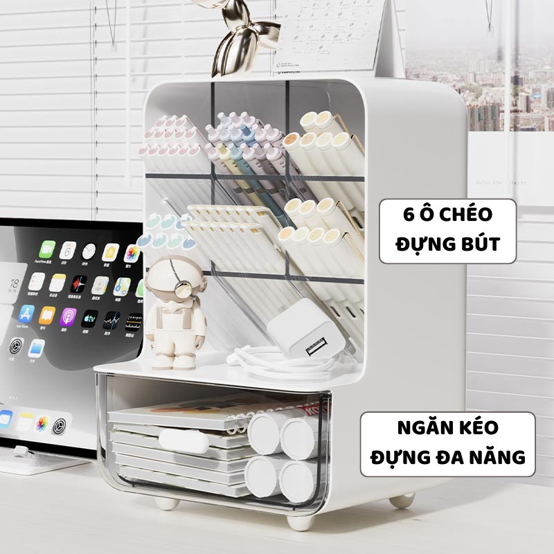 Khay Đựng Văn Phòng Phẩm Để Bàn ENODA HOME, Hộp Đựng Bút 6 Ô Chéo Kết Hợp Ngăn Kéo Đựng Đồ Đa Năng P055
