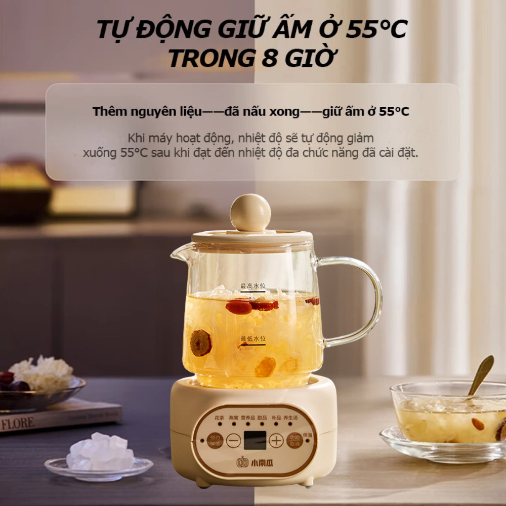Ấm Đun Nước Pha Trà Điện 400W Đa Năng 6 Chức Năng, Đặt Giờ Thông Minh, Bình Thủy Tinh Chịu Nhiệt