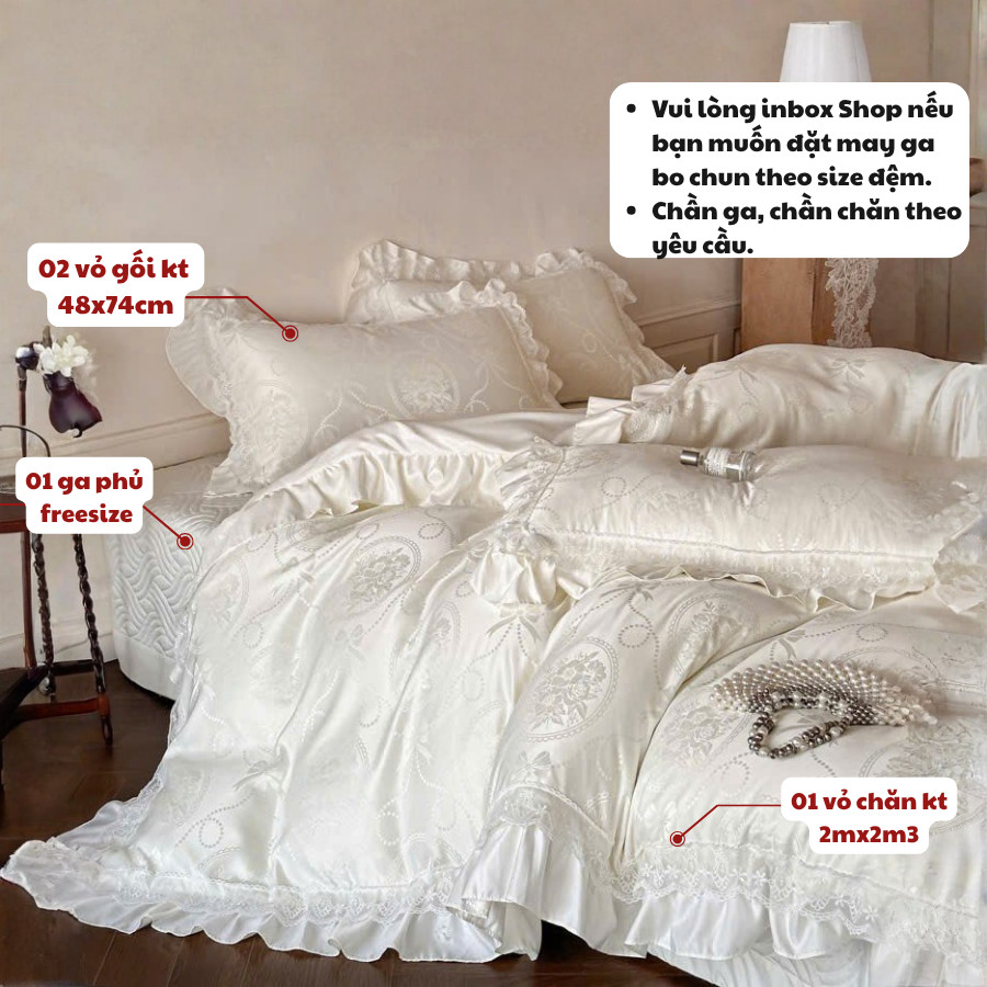 (ST105) Set vỏ chăn ga 4 món chất liệu phi lụa cao cấp phối ren mang phong cách Châu Âu sang trọng Memminbedding