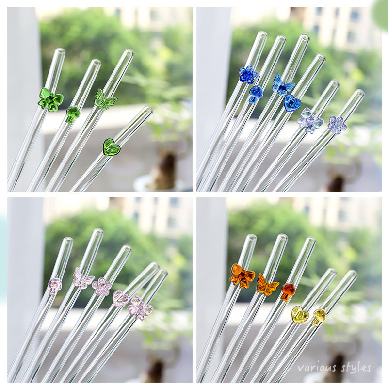 Phong Cách Nhật Bản Ống Hút Thủy Tinh Hộp Quà Tặng Bộ Nước Trong Suốt Sữa Uống Ống Hút Trà Sữa Bướm Nhiều Màu Sắc Trái Tim Khuỷu Tay UMNR