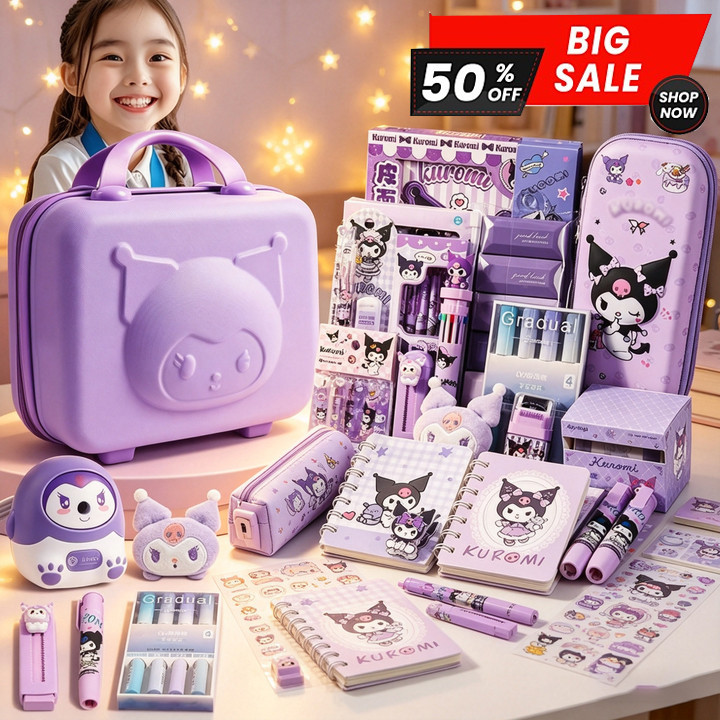 Bộ văn phòng phẩm hình hoạt hình cute, quà tặng cho bé gái gồm túi bút và thước kẻ tiện dụng