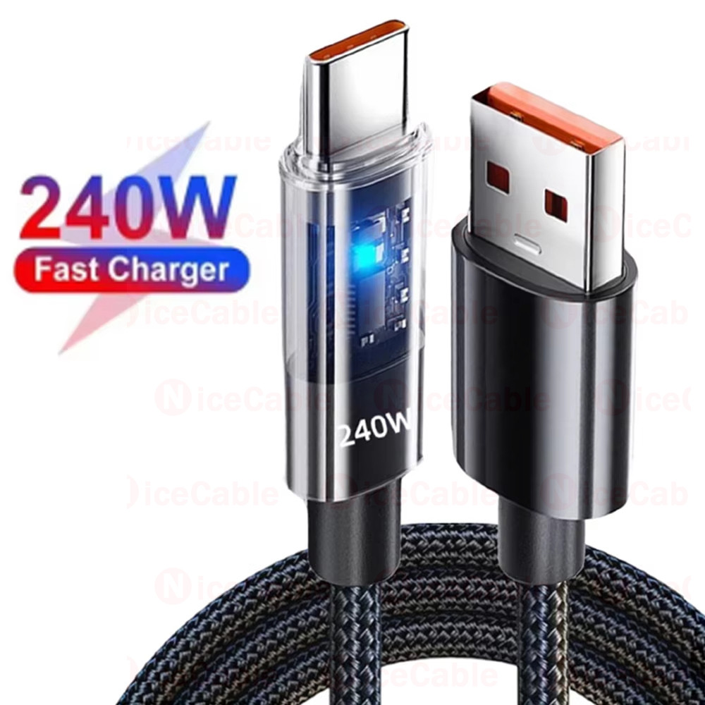 Cáp bện Nylon cường độ cao 25CM / 1M / 1.5M / 2M 240W Cáp dữ liệu siêu sạc USB sang Type C Dây sạc điện thoại có kho sạc trong suốt