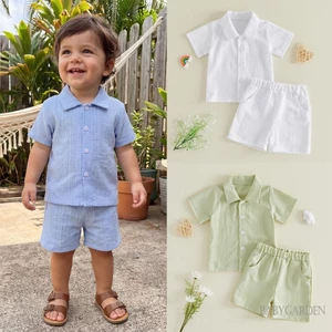6M-5Y Trẻ Em Bé Trai Mùa Hè Tay Ngắn Nút Xuống Họa Tiết Áo Sơ Mi + Quần Short Bộ Quần Áo