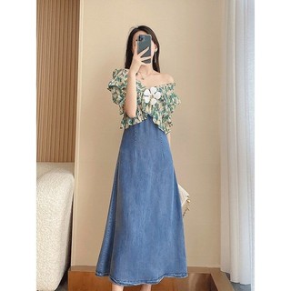 Váy denim dáng ôm, cổ trễ vai, eo cao, dáng chữ A, mỏng nhẹ, phong cách vintage mùa hè cho Nữ