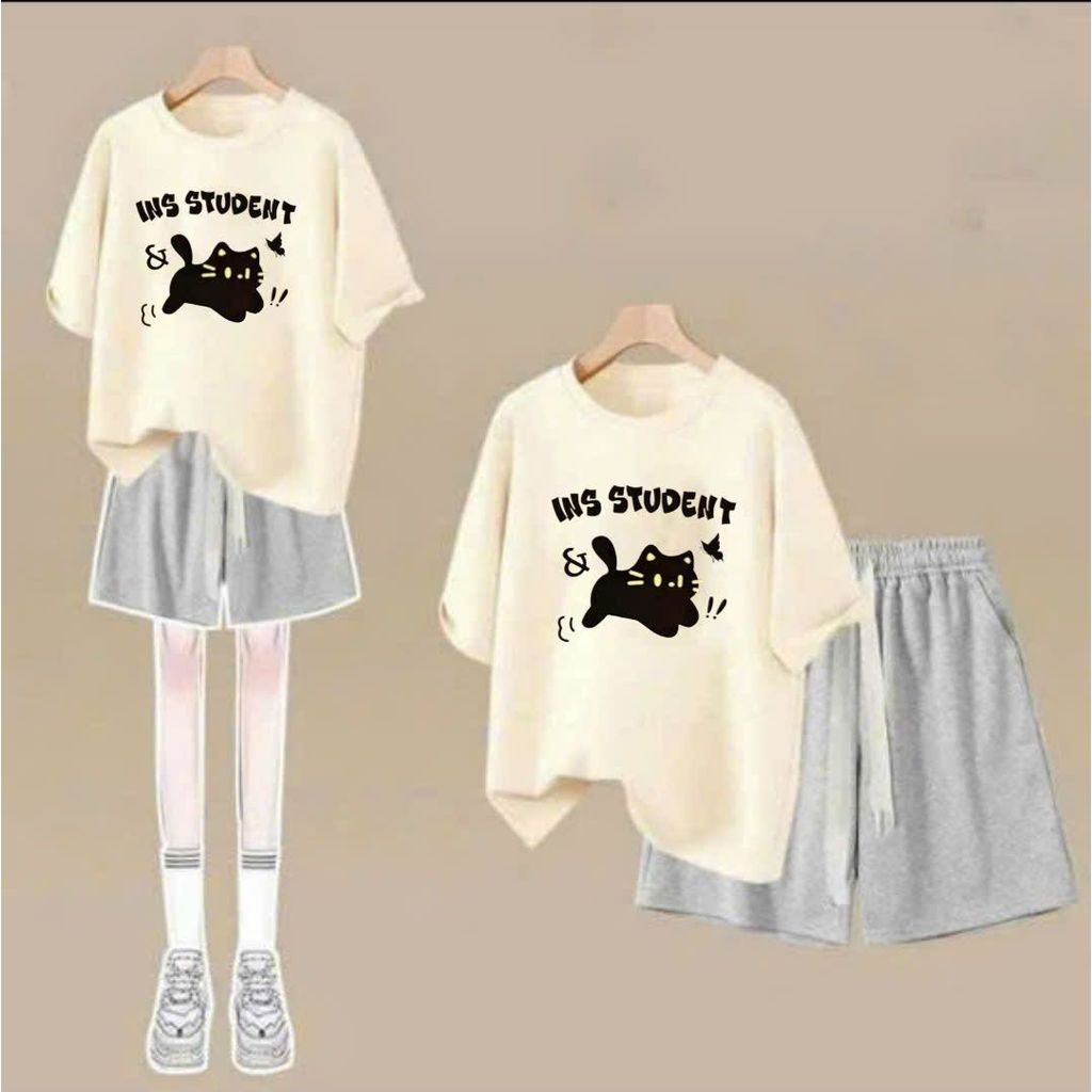 sét bộ quần đùi cộc dây to trơn xđậm+mix áo phông form rộng in hình mèo máy-shop thời thang thubio