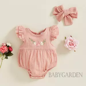Bộ áo liền quần thêu hoa cho bé gái Bộ áo liền quần cổ tròn có dây đeo nơ