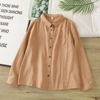 Áo sơ mi nữ thanh lịch phong cách Nhật Bản, chất liệu cotton nguyên chất, dáng dài tay
