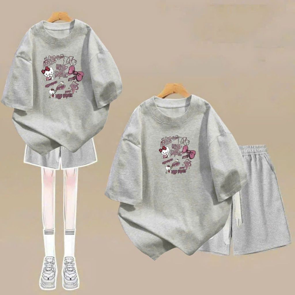sét bộ quần đùi cộc dây to trơn+mix áo phông form rộng in hình mèo cute-SHOP THỜI TRANG THU BIO