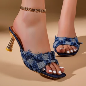 Dép denim cao gót mũi vuông màu xanh, size lớn, phong cách đơn giản dành cho nữ