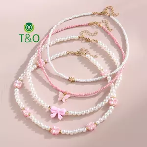 4 Cái / bộ Trang Sức Mặt Dây Chuyền Bướm Tình Yêu Màu Hồng Giả Ngọc Trai Hạt Gạo Handmade Đính Hạt Trẻ Em Nelace Người Bạn Quà Tặng [Mới]