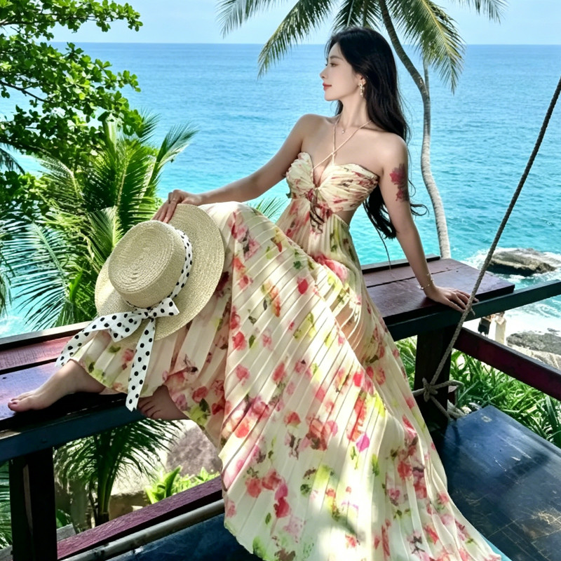 Siêu Cổ Tích Lớn Hở Eo Xếp Ly Top Sling Váy Dài Dành Cho Ngày Lễ Bên Biển