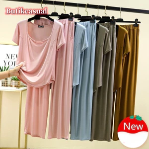 Phụ Nữ Áo Thun Bộ Đồng Bằng Cổ Chữ u Áo Thun Tay Ngắn Rời Thường Ngày Quần Thẳng Mùa Hè Xuân Thời