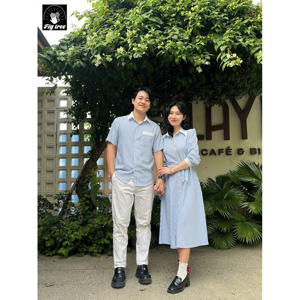 Sơ Mi Váy Đôi Fig Tree Sọc Đứng Trắng Xanh Hot New 2026 Dành Cho Tình Nhân MS 194