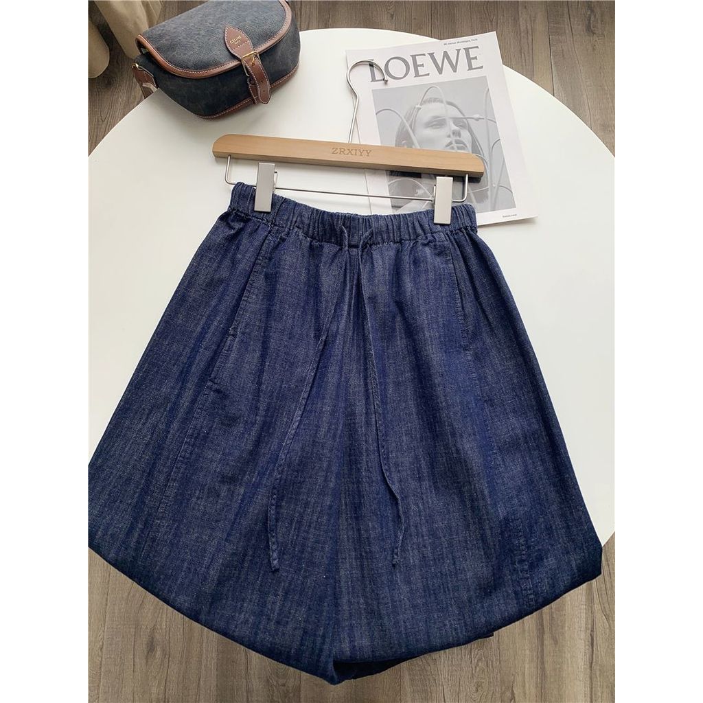 quần ống rộng Quần crop thường ngày có dây rút màu xanh