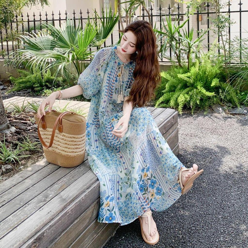 Váy hoa tay phồng dành cho nữ, phong cách mới kiểu Pháp, thời trang dài mùa hè - Giảm giá 50%