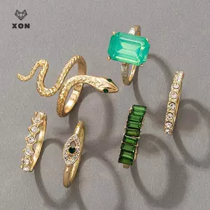 Nhẫn rắn kim cương giả xanh, bộ 6 cái, pha lê vintage sang trọng cho nữ trang sức