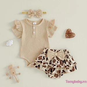Trang phục mùa hè cho bé gái Áo liền quần có gân tay bay + Quần short da báo xù xếp lớp + Bộ 3 món băng đô dễ thương