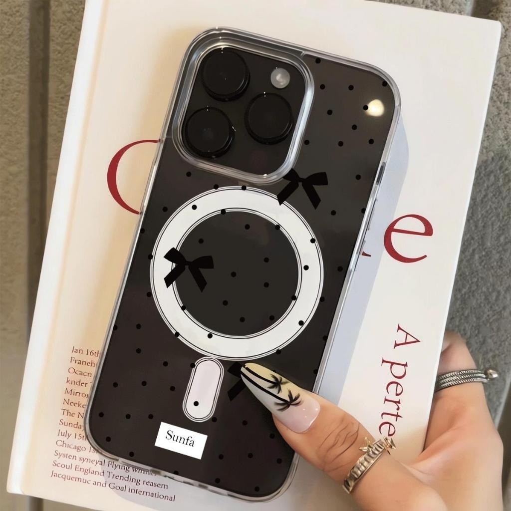 Nơ màu đen sóng điểm phù hợp với iphone 17_16plu chống thấm nước 15_14 dễ thương mới 13_12_11