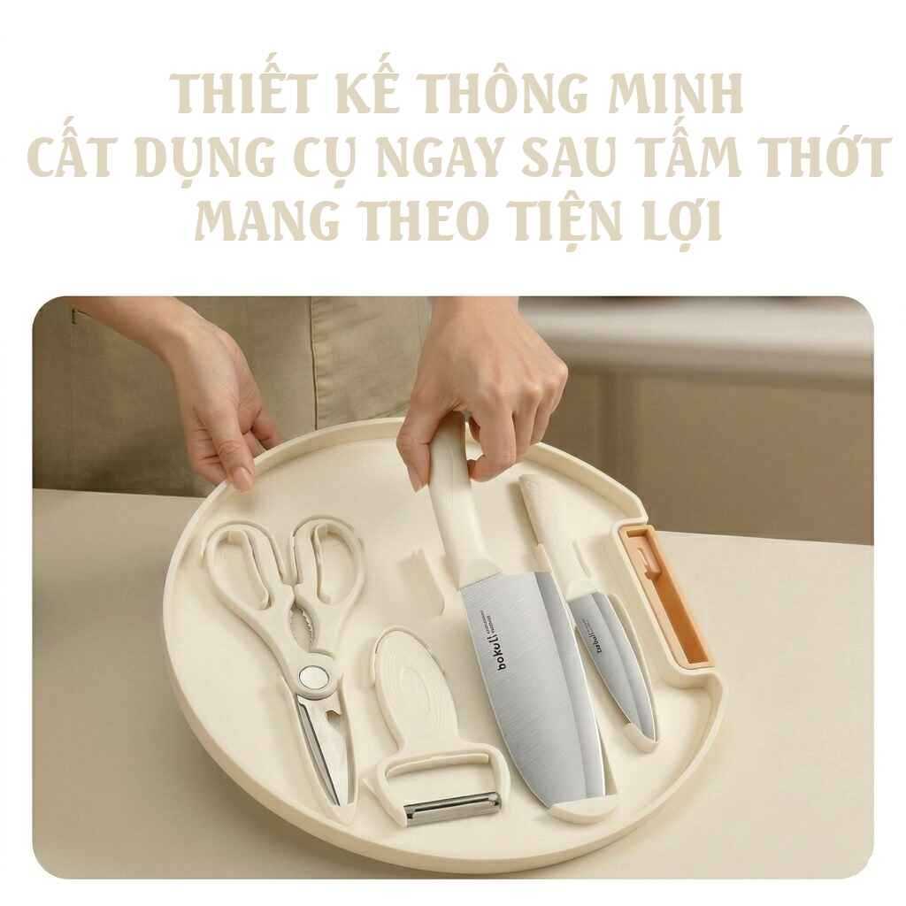 Bộ Dao Thớt Kéo Nạo Đa Năng 5 Món Cho Bé Ăn Dặm Kèm Hộp Đựng Tròn Tiện Lợi Nhà Bếp
