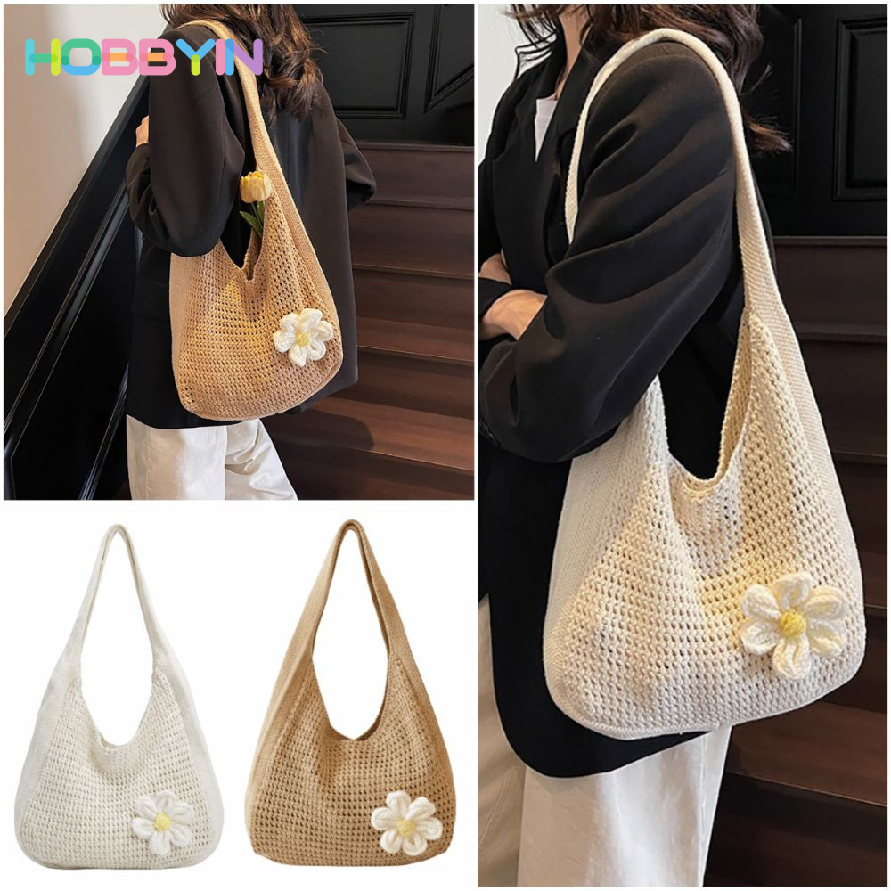 Túi Tote HOBBYIN, Túi xách đi biển rỗng dung tích lớn, Túi mua sắm hoa Kaki màu be phong cách lười biếng hợp thời trang mùa hè