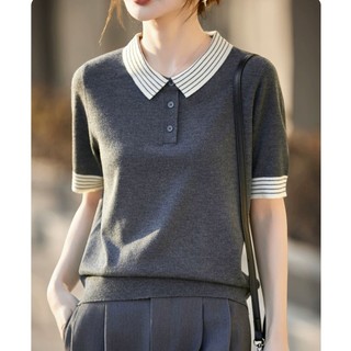 Polo polo Cổ Áo Len Sọc Tay Ngắn Nữ Mùa Hè Màu Cà Phê Áo Thun Mỏng Chui Đầu Đi Lại Đơn Giản Top