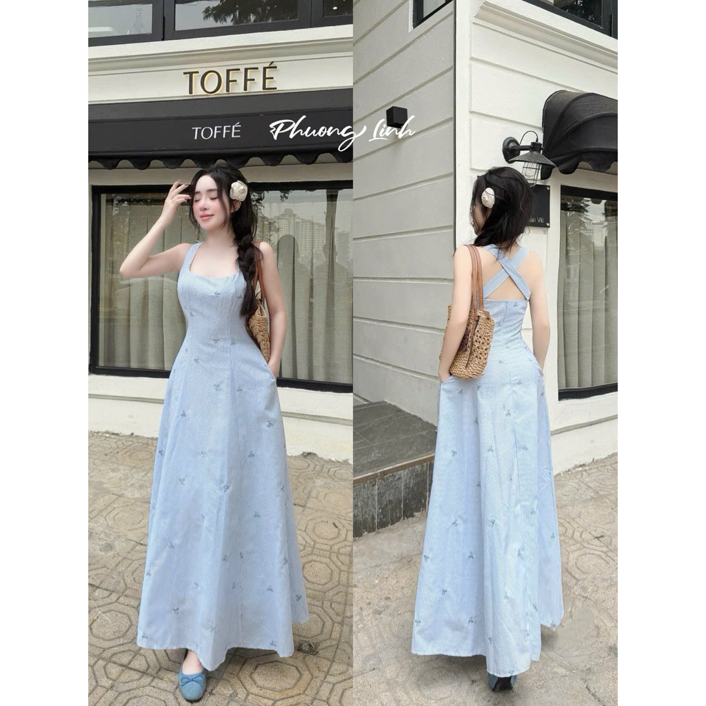 ĐẦM KẺ THÊU NƠ DÂY ĐAN CHÉO LƯNG MAXI  BYJOLIE