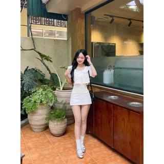 Set áo croptop 2 lớp dáng babydoll tay phồng tiểu thư cổ sen thắt nơ dễ thương Hàn Quốc