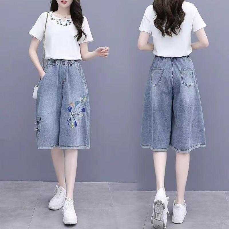 Thời Trang Retro Thêu Denim Crop Quần Nữ 2026 Kích Thước Lớn Cao Cấp Ôm Hơn Nhìn Rời Phù Hợp Với Mỏng Rộng Quần