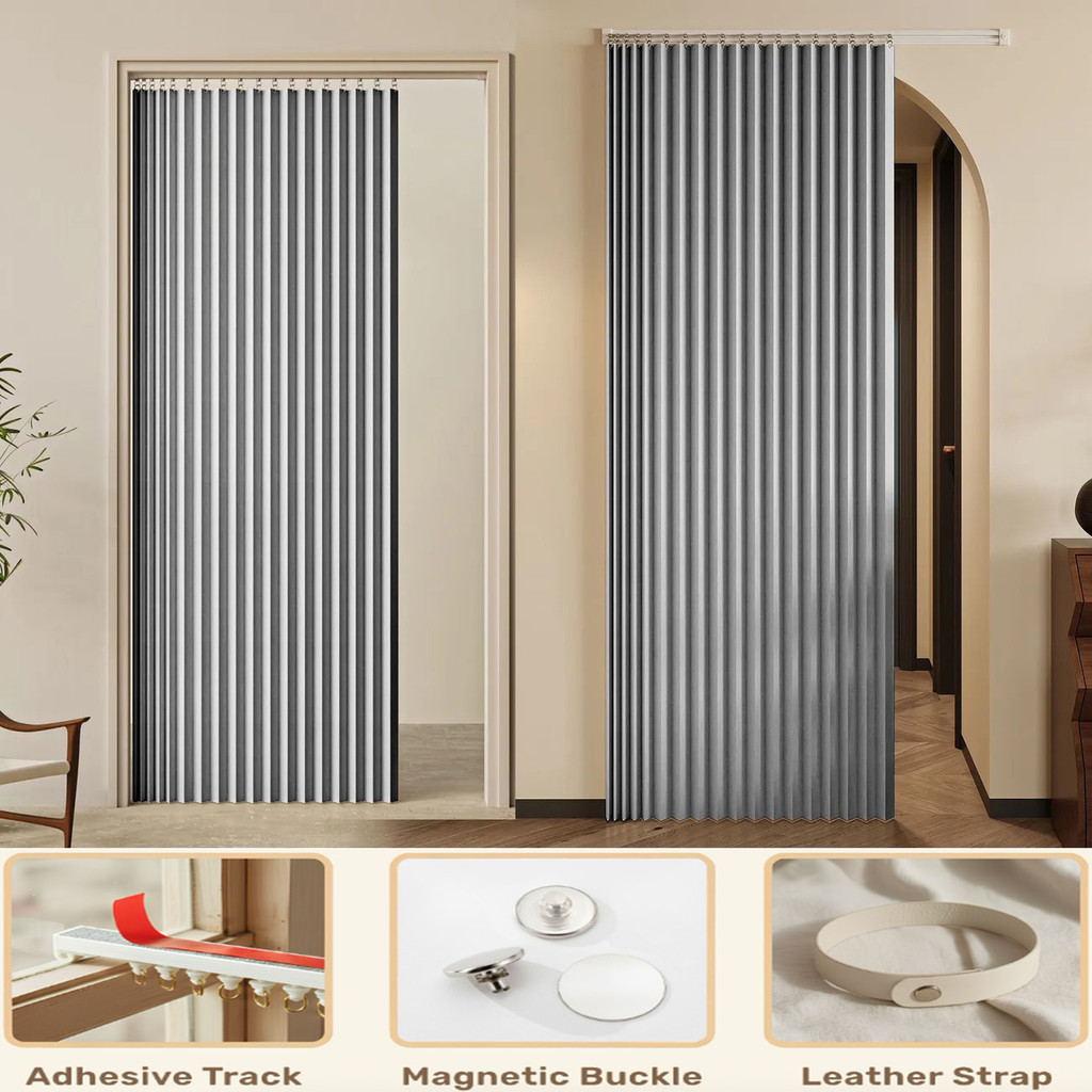 Rèm gấp màu trơn tùy chỉnh để tách phòng – Vỏ bọc đường ray dính, Giải pháp không khoan cho lối vào phòng ngủ, lối vào ban công & phân vùng không gian