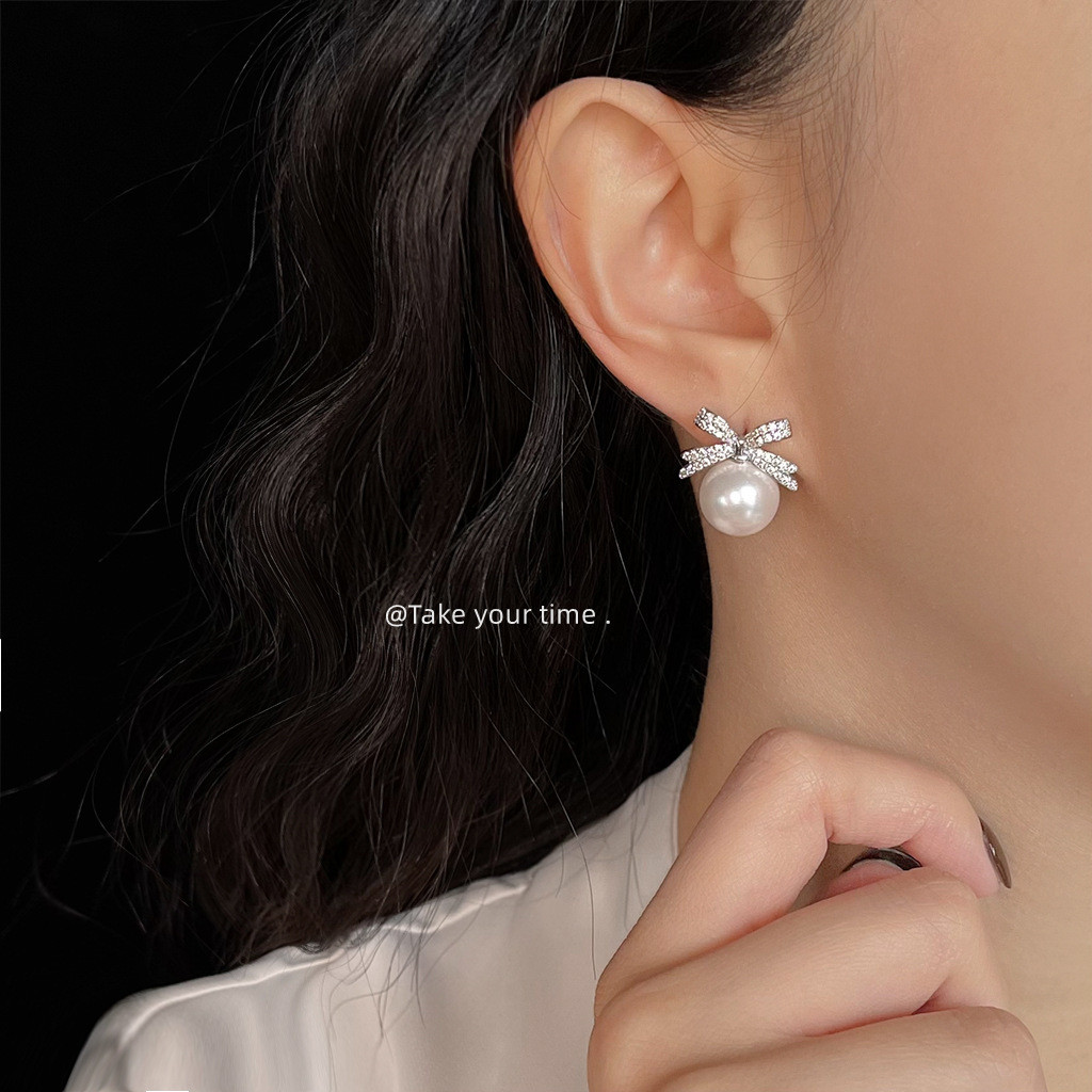 Bông Tai Zircon Micro-Ind Crystal và Pearl bạc 925, Finish Kim ánh Sáng, Style Hàn Quốc, Elegant