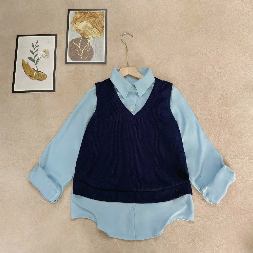 Set Bigsize Nữ Che Bụng Tôn Dáng – Sơ Mi Tay Dài Phối Gile Xinh Xắn Dễ Thương SM20+A335
