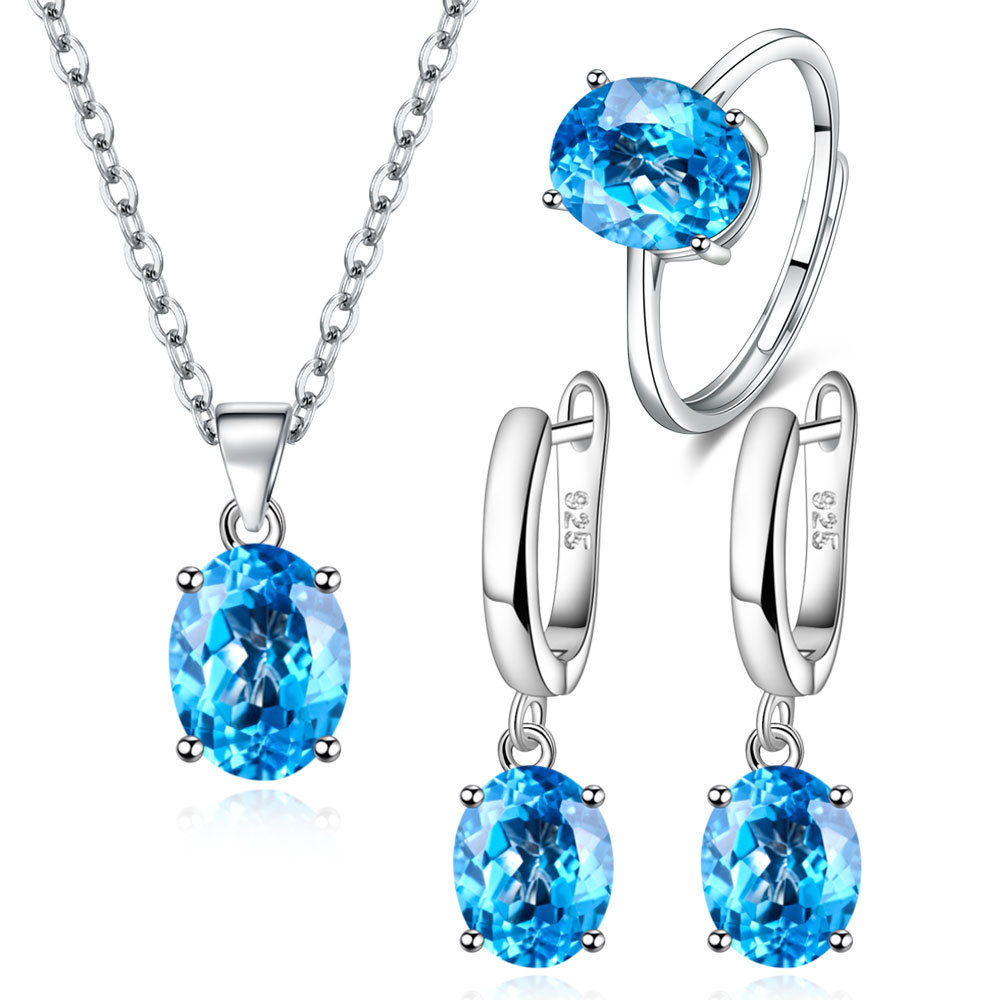 Bộ trang sức bạc 925 nữ với thiết kếellipse zircon, gồm vòng cổ và bông tai sang trọng