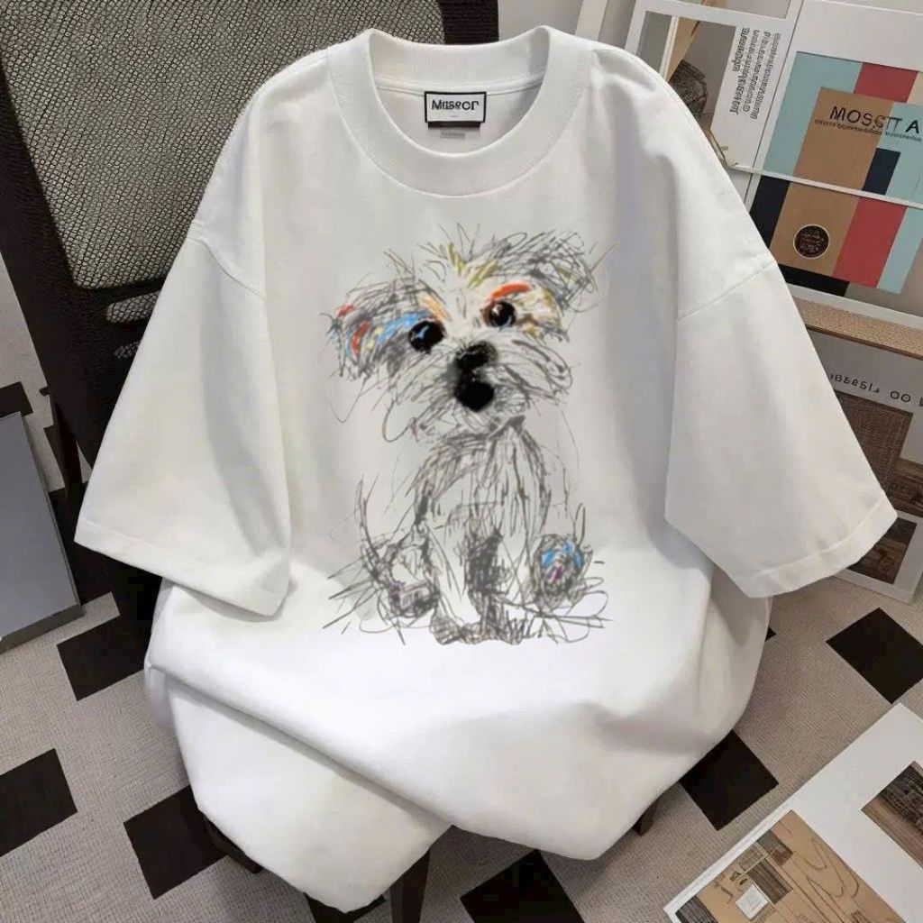 Áo phông unisex tay lỡ cotton su mát đa dạng Hình Chó xù dễ thương