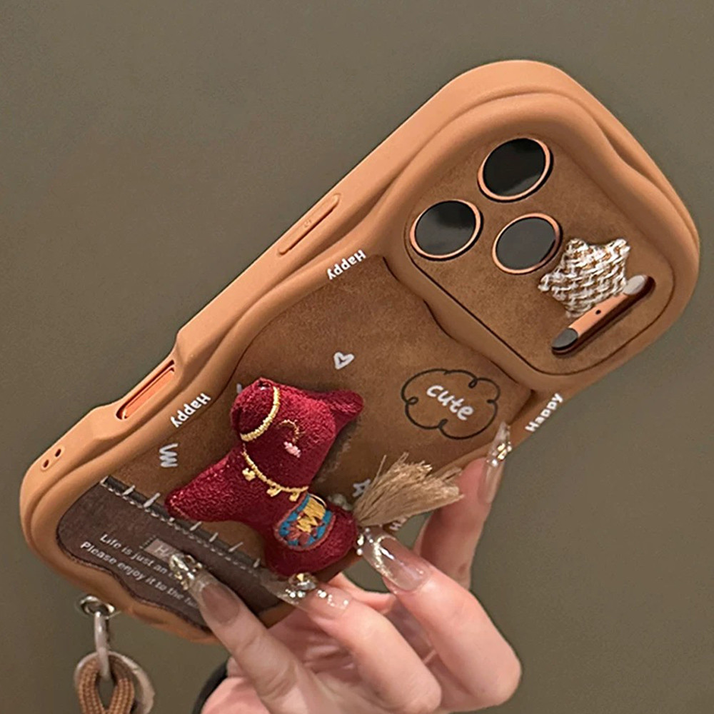 Ốp Điện Thoại Sóng 3D Ngựa Đỏ + Dây Buộc Cho iPhone 17 Pro Max 16 Plus 15 14 13 Vỏ Bảo Vệ Chống Sốc