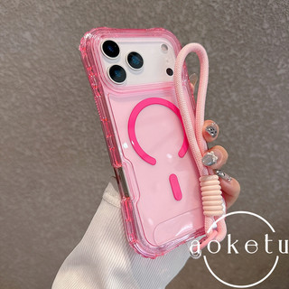 Eo nhỏ màu hồng thích hợp cho vỏ điện thoại Apple 17, dây treo ba trong một iPhone 16 promax, 15pro / 14 / 13 / 12 / 11 Vỏ chống rơi màu trong suốt hấp thụ từ tính