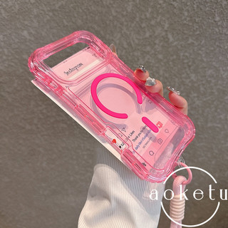 Eo nhỏ màu hồng thích hợp cho vỏ điện thoại Apple 17, dây treo ba trong một iPhone 16 promax, 15pro / 14 / 13 / 12 / 11 Vỏ chống rơi màu trong suốt hấp thụ từ tính