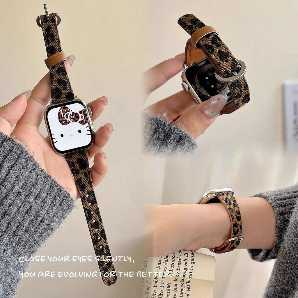 Da Báo In Dây Da denim Cho Apple Watch 44mm 40 45 41 49 46 42 38 mm Vòng Tay Series 11 10 9 8 SE 7 6 5 4 3 Dây Đeo