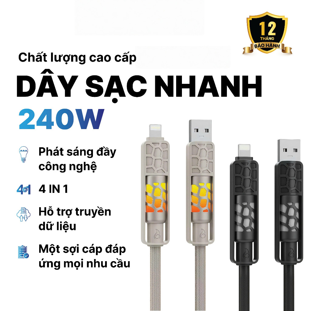 Cáp Sạc Nhanh 240W  Tốc độ sạc gấp  4 Trong 1, kim loại cao cấp,  bán chạy nhất