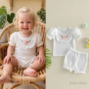 Bé Gái Mùa Hè Bộ 3D Móc Hoa Tay Ngắn Áo Thun Và Co Giãn Ruffles Quần Short Quần Áo Dễ Thương Màu Trắng