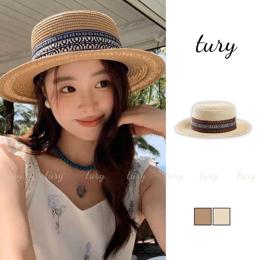 Nón Cói Unisex Nam Nữ - Tury - Mũ Cói Form Cứng Phối Viền Thổ Cẩm - NC044
