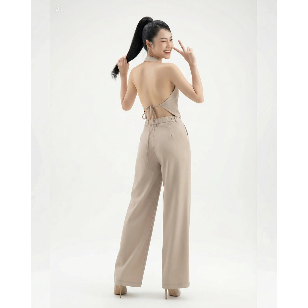 Set Áo Quần Áo Dạng Yếm SHI Nữ Cổ V Quần Ống Rộng Lưng Chun Màu Be