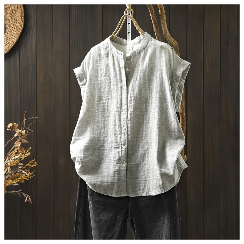 Quần áo mùa hè nữ phong cách Nhật Bản - Áo sơ mi cotton sọc kẻ tay ngắn thoáng mát