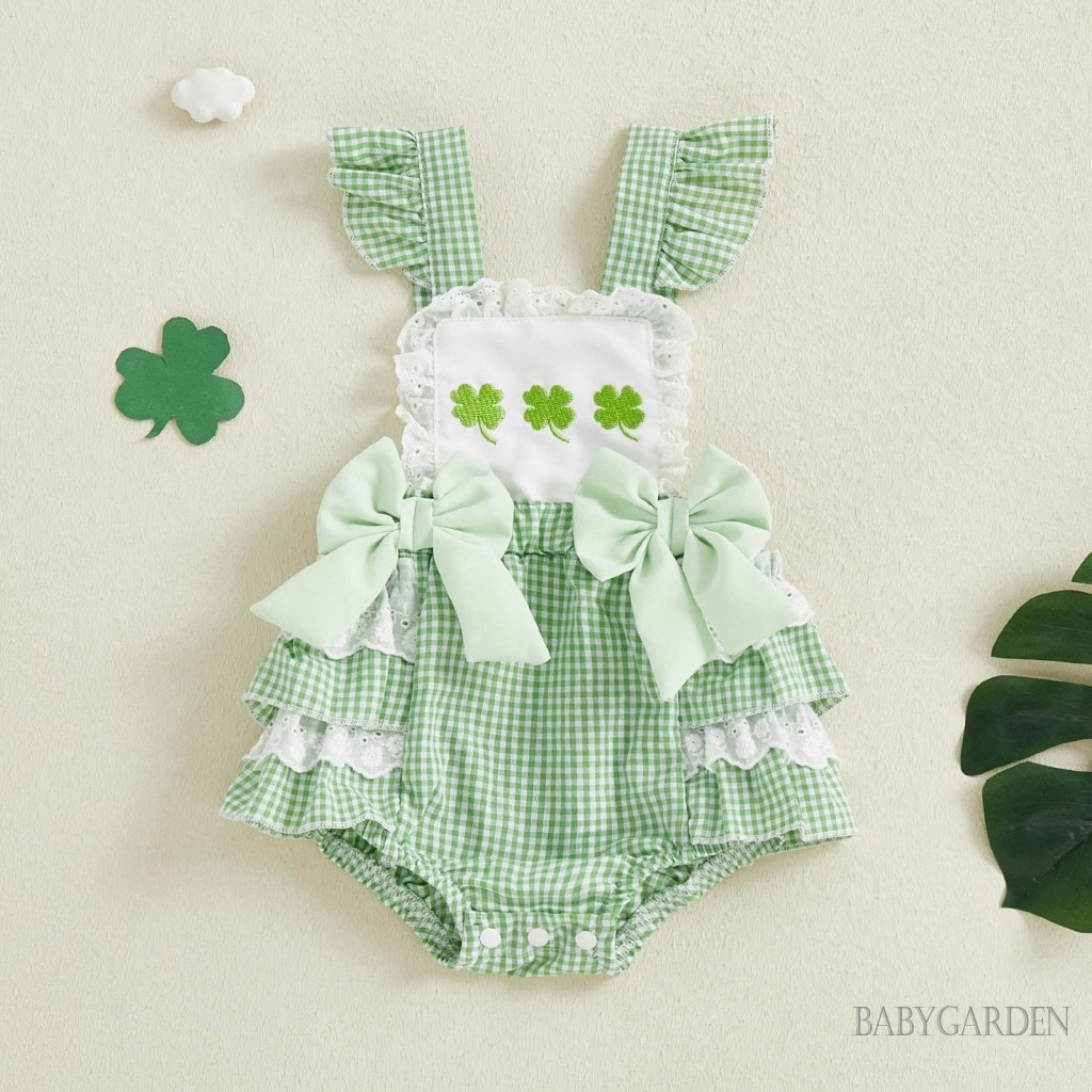 Bộ áo liền quần bé gái Ireland dễ thương Shamrock thêu tay bay kẻ sọc áo liền quần