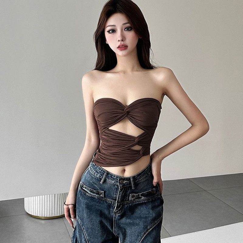 【dynamar】Áo crop-top không tay với đường cắt gợi cảm, áo yếm khoét lỗ