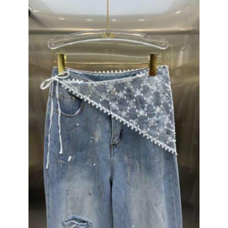 Quần jean nữ lưng cao mới có quần Denim và ren đục lỗ