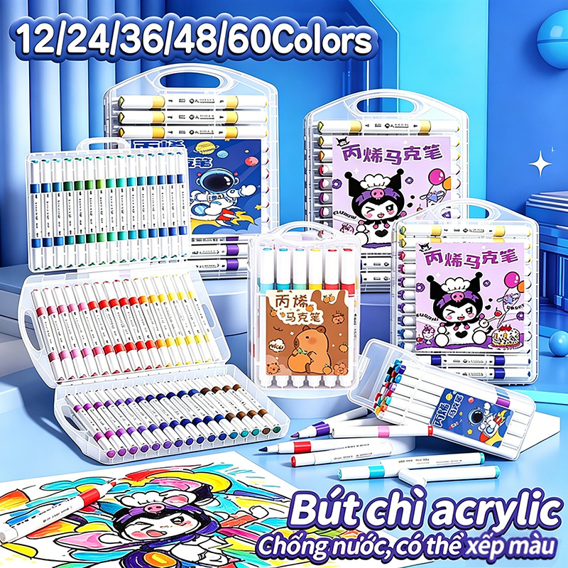 Bút acrylic marker 12/24/36/48/60 màu, bộ vẽ tranh–Tô vẽ trên mọi chất liệu, sáng tạo DIY cực chất.