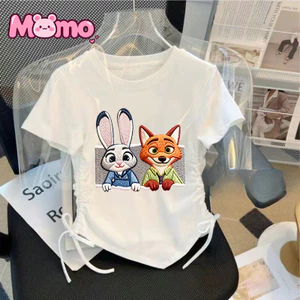 Áo cổ tròn ngắn tay thêu họa tiết Zootopia dành cho bé gái với thiết kế dây rút có gân